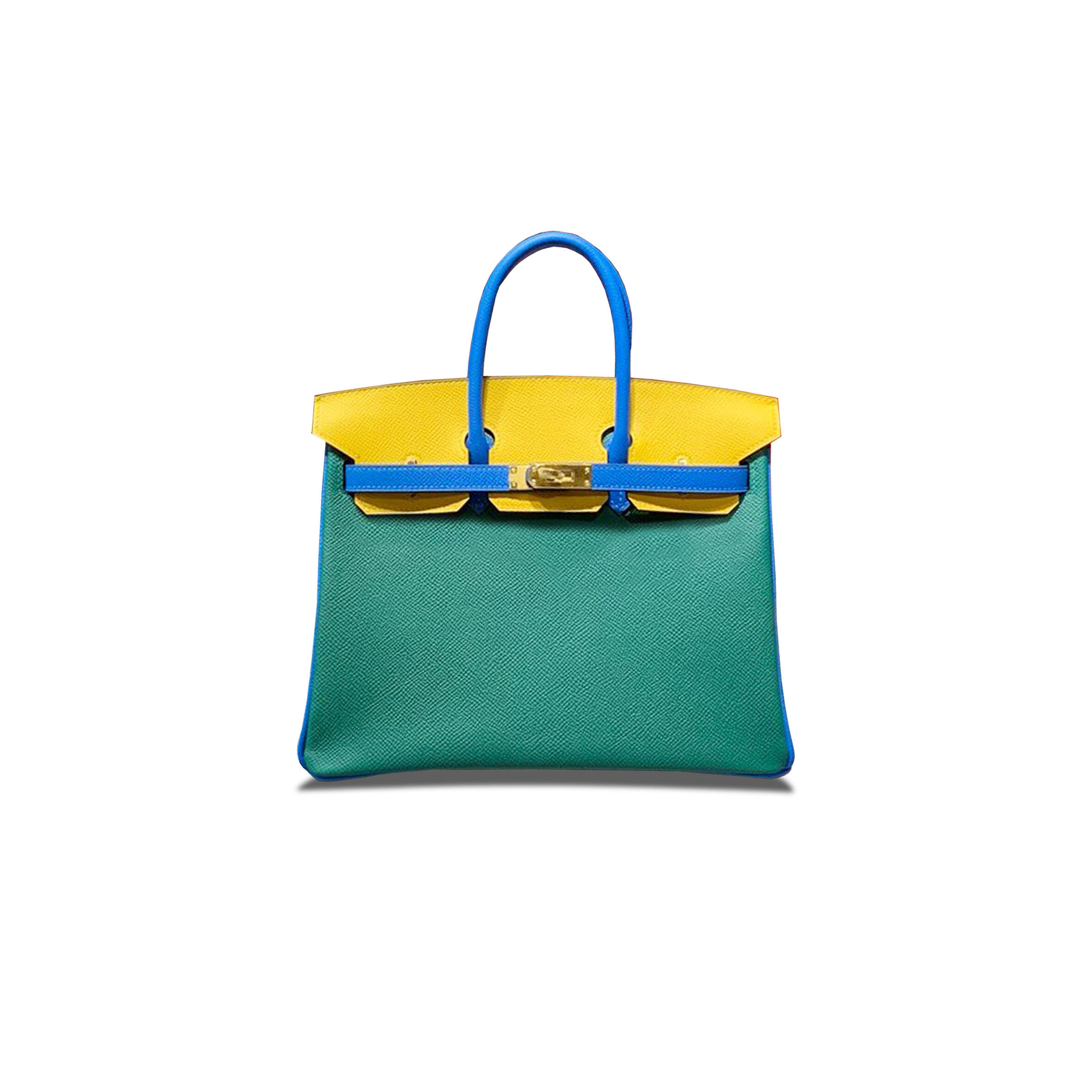 H**me5 BIRKIN 25 EPSOM MALACHITE GREEN AQUA BLUE AND AMBER YELLOW WITH GOLD BUCKLE H028362CC05 (25*18*13cm) Master Quality
